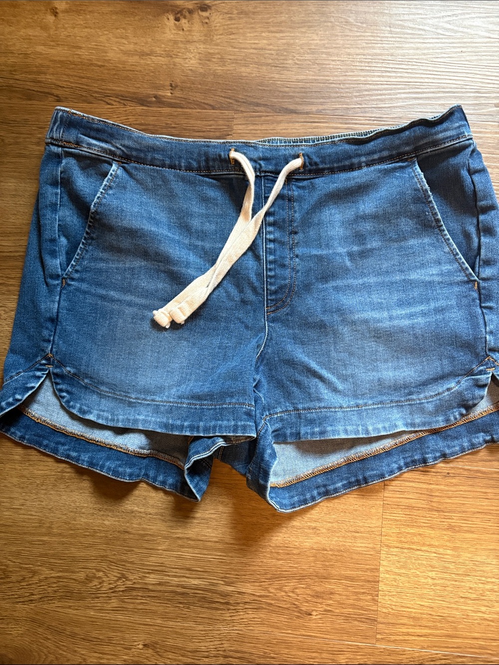 UpWest Blue Denim Drawstring Layered Hem Shorts